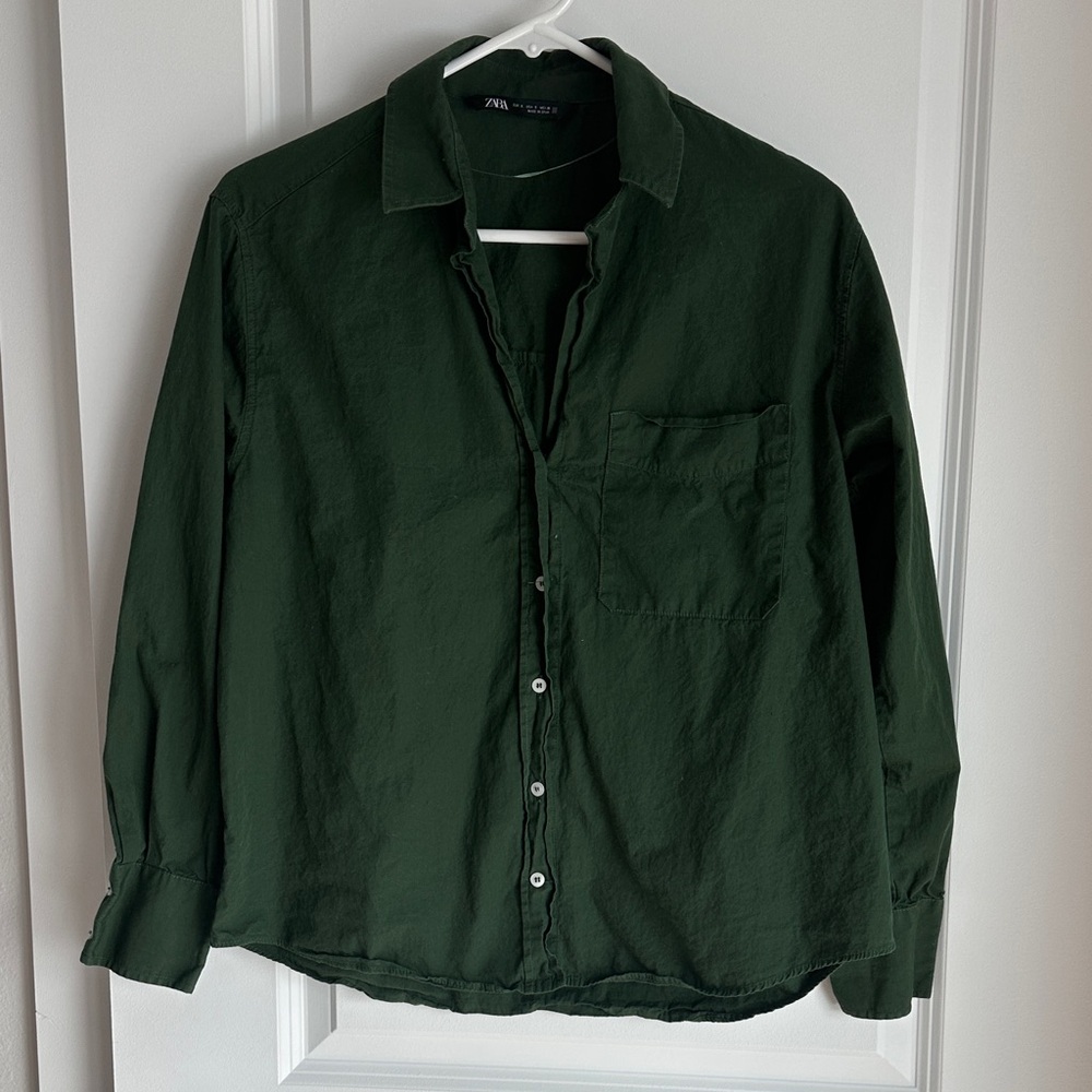 ZARA Women’s Forest Green Long Sleeve Button-Down Shirt Size Small GUC